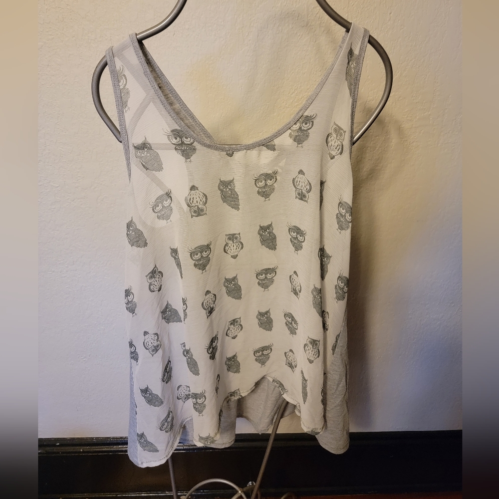 E by Eloise Grey Owl Sheer Lace-up Tank Women's L Lg Large